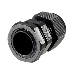 Rekcharge M18 black nylon cable gland front angled view showing the cable opening and locking nut.