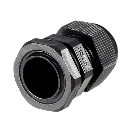 Rekcharge M18 black nylon cable gland front angled view showing the cable opening and locking nut.