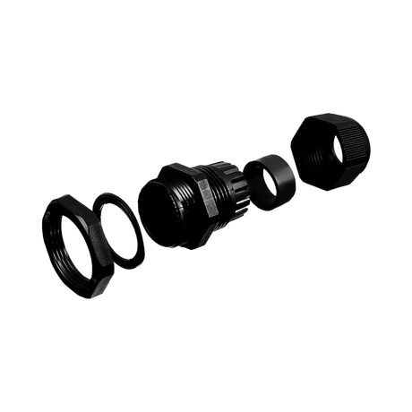 Rekcharge M20 black nylon cable gland exploded view with the body, cap, locknut and seals separated.