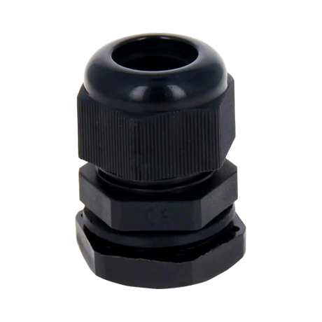 Rekcharge M20 black nylon cable gland standing upright with its round cable opening visible.