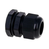 Rekcharge M20 black nylon cable gland in an angled view with a ribbed cap and hexagonal locknut.