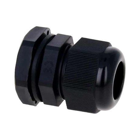 Rekcharge M20 black nylon cable gland in an angled view with a ribbed cap and hexagonal locknut.