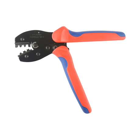 Rekcharge MC4 crimping tool side view with its jaws open and orange and blue handles spread apart.