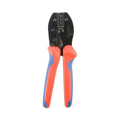 Rekcharge MC4 crimping tool upright front view with the jaws closed above the orange and blue handles.