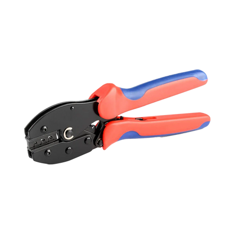 Rekcharge MC4 crimping tool in an angled view with closed jaws and orange and blue grips.