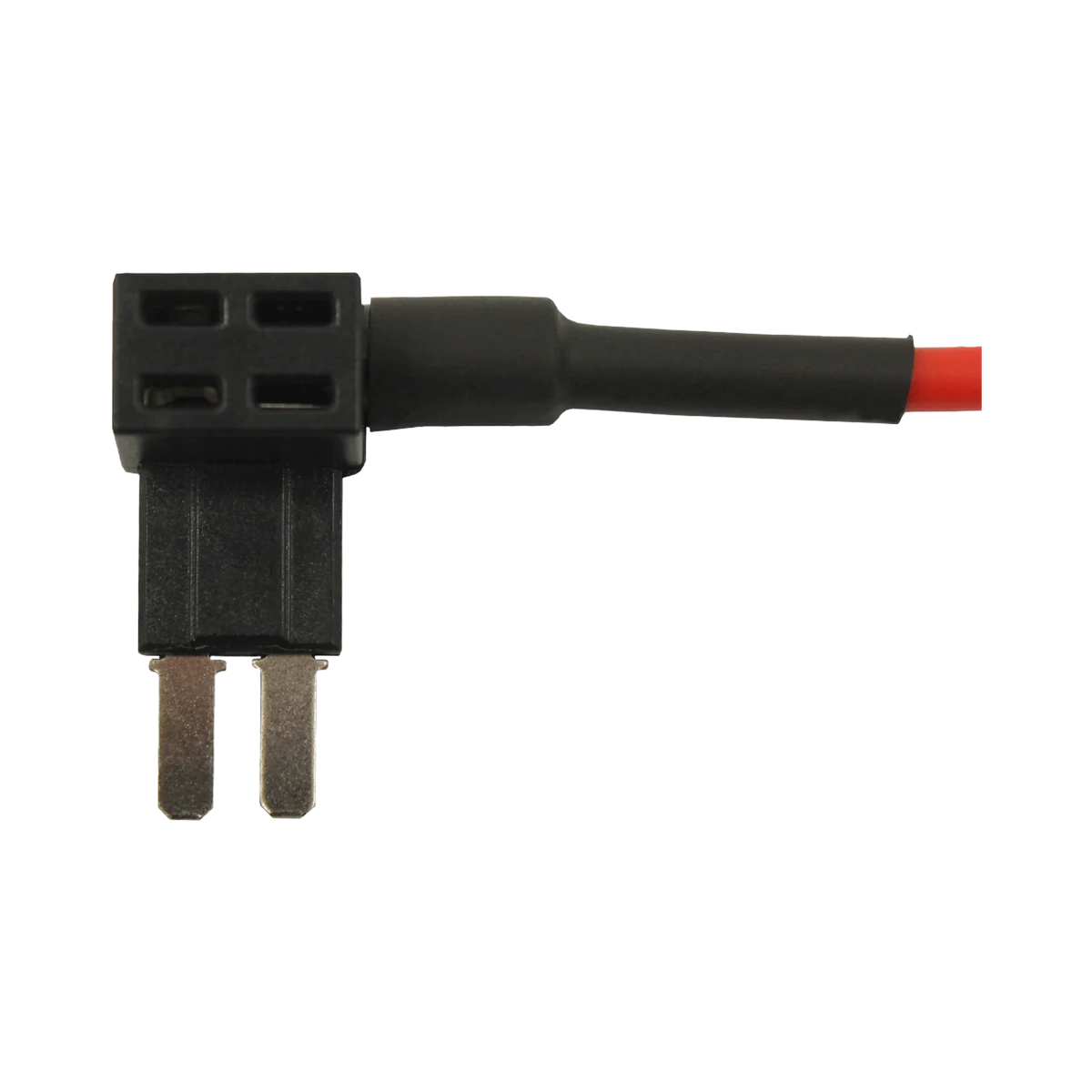 Rekcharge Micro 2 blade fuse tap holder close up with black housing and twin metal blades.