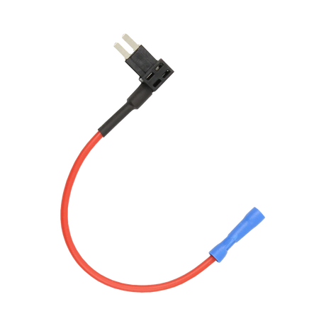 Rekcharge Micro 2 blade fuse tap holder top view with curved red lead and blue crimp connector.