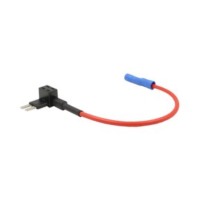 Rekcharge Micro 2 blade fuse tap holder with red lead and blue crimp connector in an angled view.