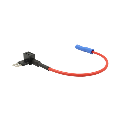Rekcharge Micro 2 blade fuse tap holder with red lead and blue crimp connector in an angled view.