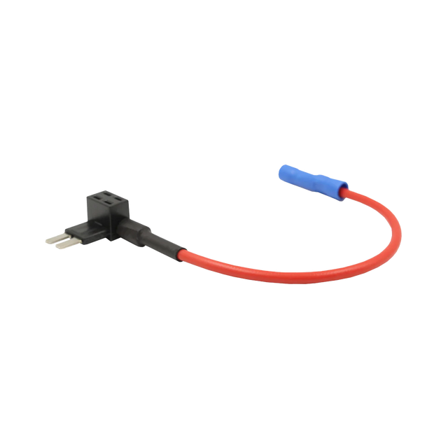 Rekcharge Micro 2 blade fuse tap holder with red lead and blue crimp connector in an angled view.