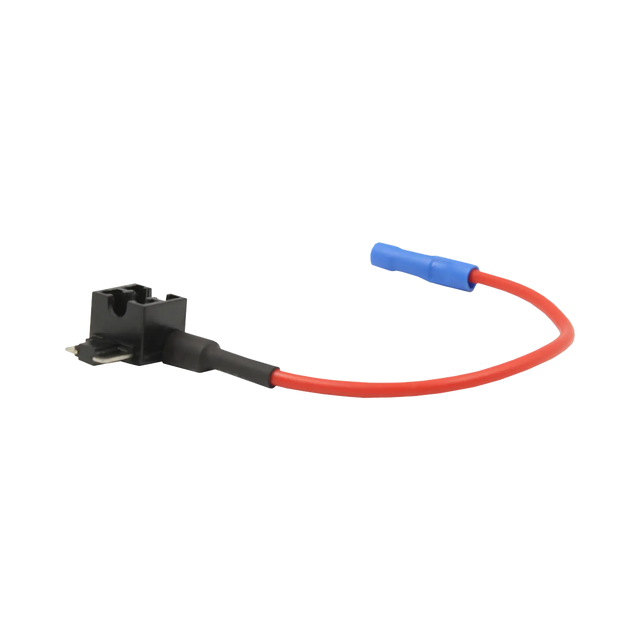 Rekcharge micro blade fuse tap holder side view with a curved lead and blue crimp connector.