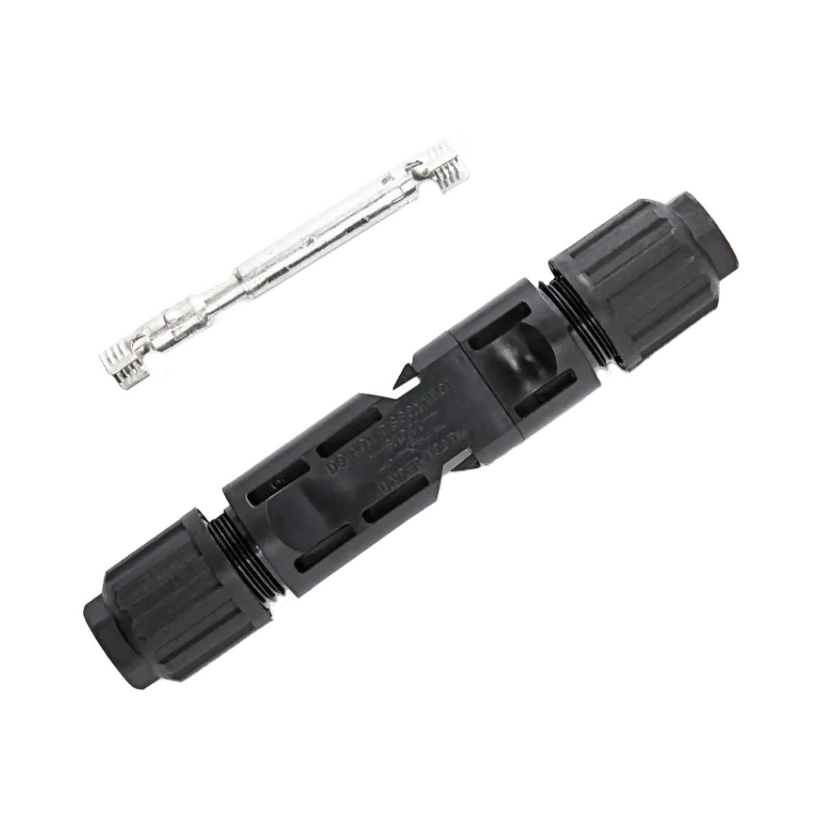 Rekcharge solar MC4 connectors joined together diagonally beside the metal contacts.