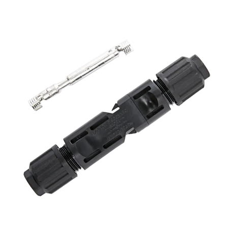 Rekcharge solar MC4 connectors joined together diagonally beside the metal contacts.