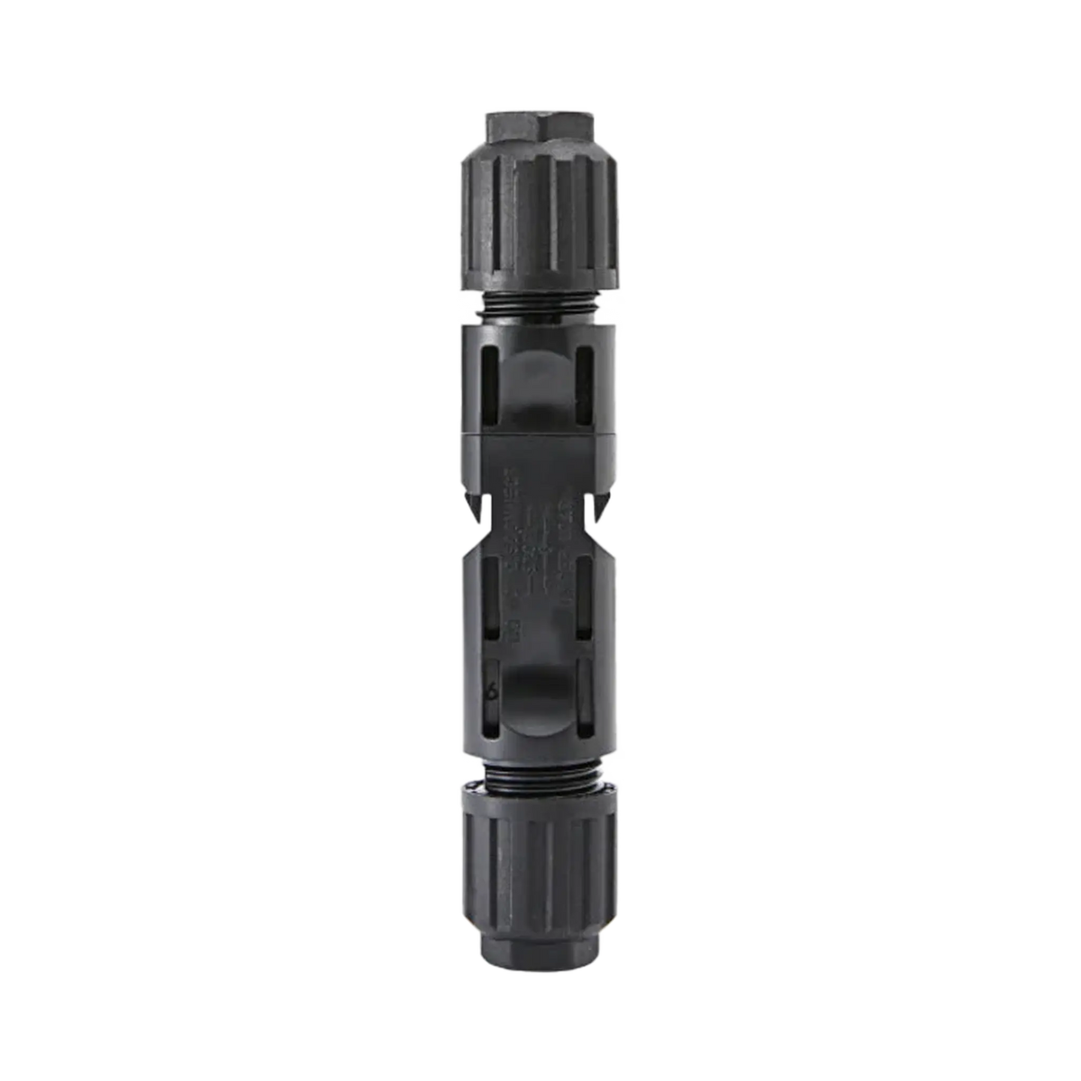Rekcharge solar MC4 connector pair joined upright with ribbed cable gland caps at both ends.