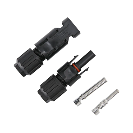 Rekcharge solar MC4 connector pair separated beside the two metal crimp contacts.