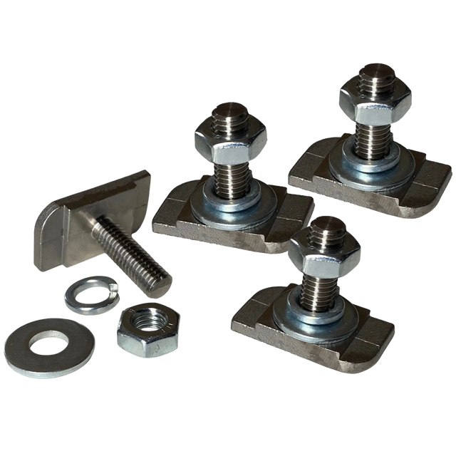 Rekcharge stainless steel roof rack T-bolt set with four bolts, nuts and washers.