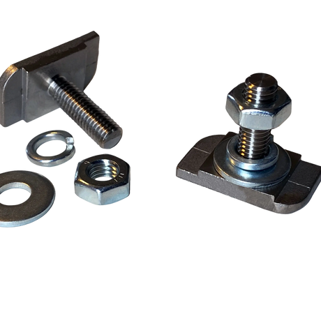 Rekcharge stainless steel roof rack T-bolts close-up with loose nuts and washers.