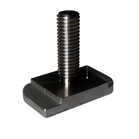 Single Rekcharge stainless steel roof rack T-bolt with thread and rectangular channel head.