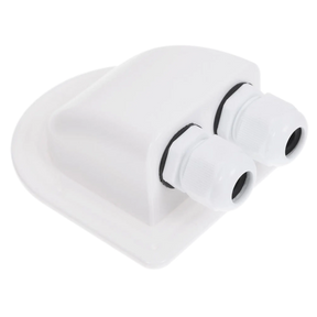 Rekcharge White ABS Double Cable Entry Gland angled front-left view with twin cable glands.