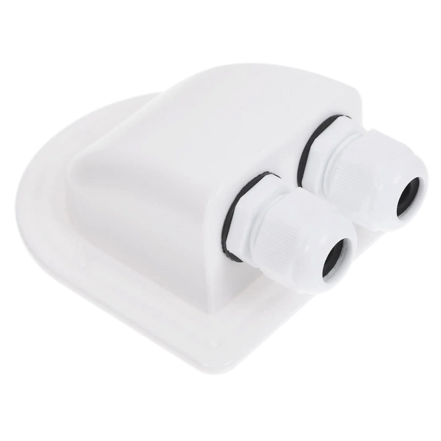 Rekcharge White ABS Double Cable Entry Gland angled front-left view with twin cable glands.