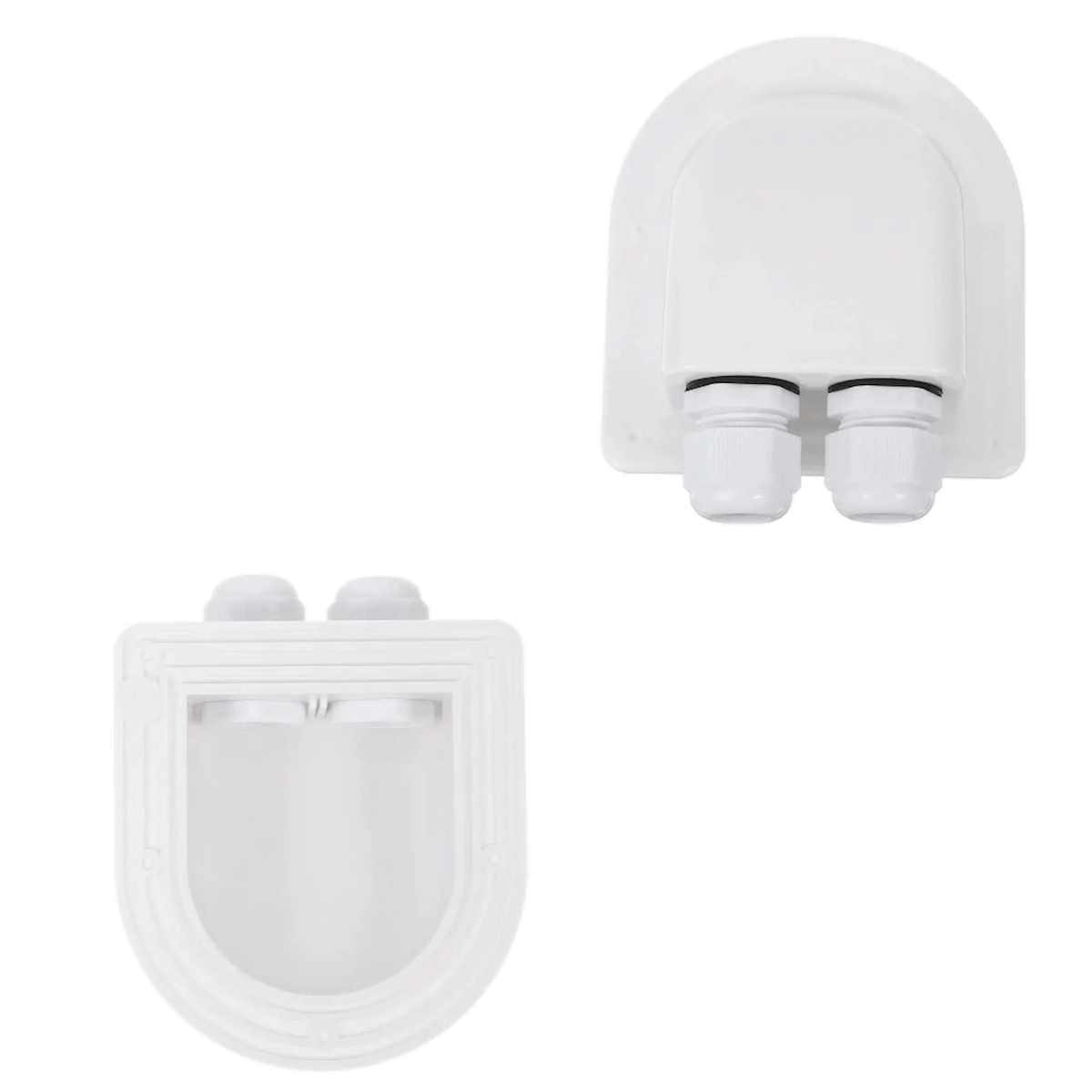 Rekcharge White ABS Double Cable Entry Gland top and underside views.