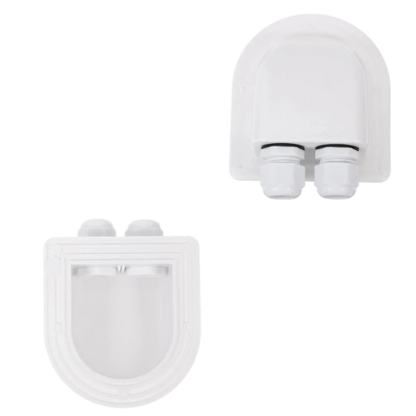Rekcharge White ABS Double Cable Entry Gland top and underside views.