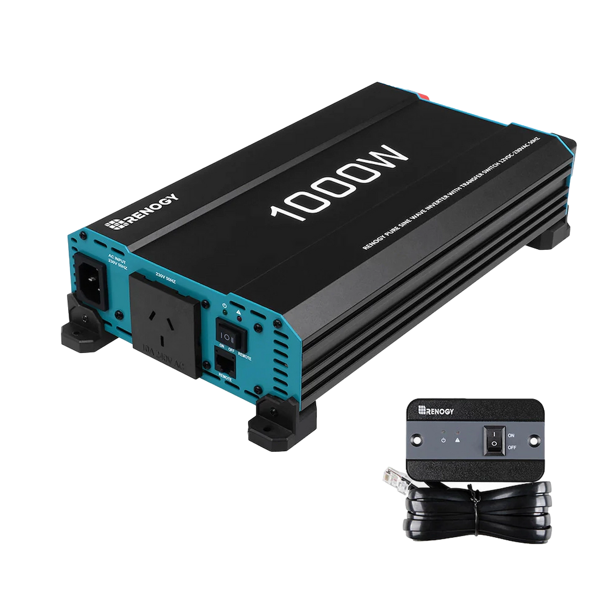 Renogy 1000W pure sine wave inverter with UPS function in a front right view beside its wired remote.