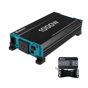 Renogy 1000W pure sine wave inverter with UPS function in a front right view beside its wired remote.