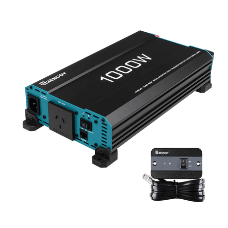 Renogy 1000W pure sine wave inverter with UPS function in a front right view beside its wired remote.