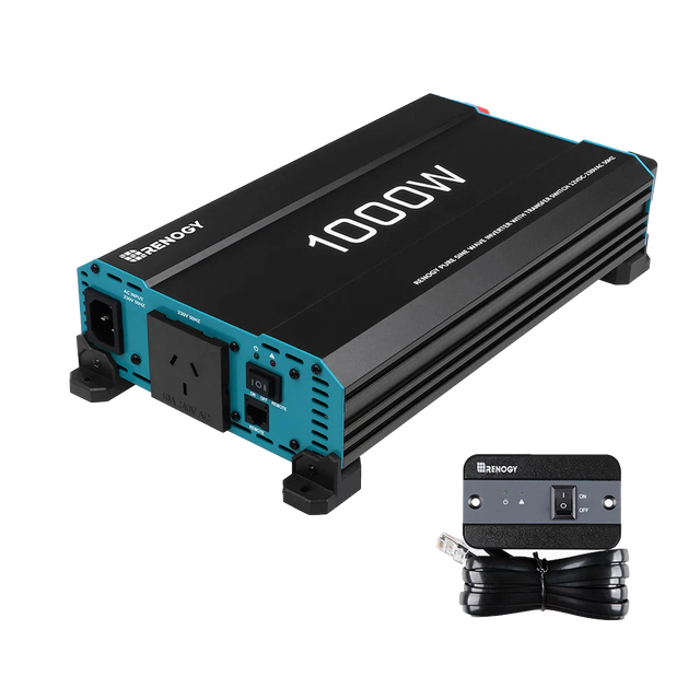 Renogy 1000W pure sine wave inverter with UPS function in a front right view beside its wired remote.
