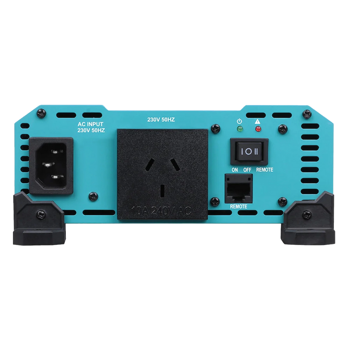 Renogy 1000W pure sine wave inverter front panel with AC input, a power socket, control switch and remote port.