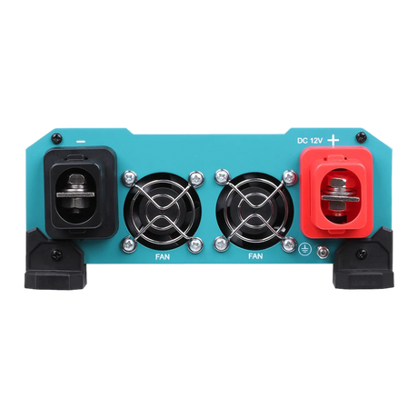 Renogy 1000W pure sine wave inverter rear panel with positive and negative terminals and two cooling fans.