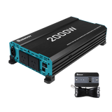 Renogy 2000W pure sine wave inverter with UPS function in a front right view beside its wired remote.