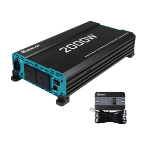 Renogy 2000W pure sine wave inverter with UPS function in a front right view beside its wired remote.