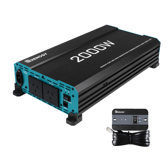 Renogy 2000W pure sine wave inverter with UPS function in a front right view beside its wired remote.
