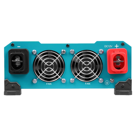 Renogy 2000W pure sine wave inverter rear panel with positive and negative terminals and two cooling fans.