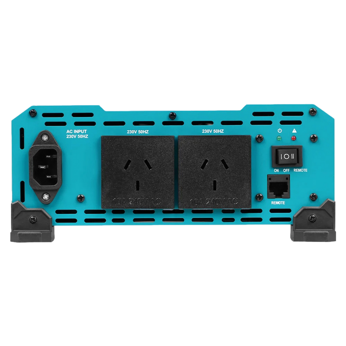 Renogy 3000W pure sine wave inverter front panel with two AC sockets, AC input and remote control port.