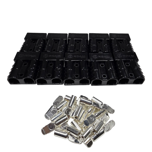 Roam Gear 10 pack of black 50A Anderson plugs in two rows with loose metal contacts in front.