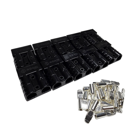 Roam Gear 10 pack of black 50A Anderson plugs viewed from the left with loose contacts beside them.