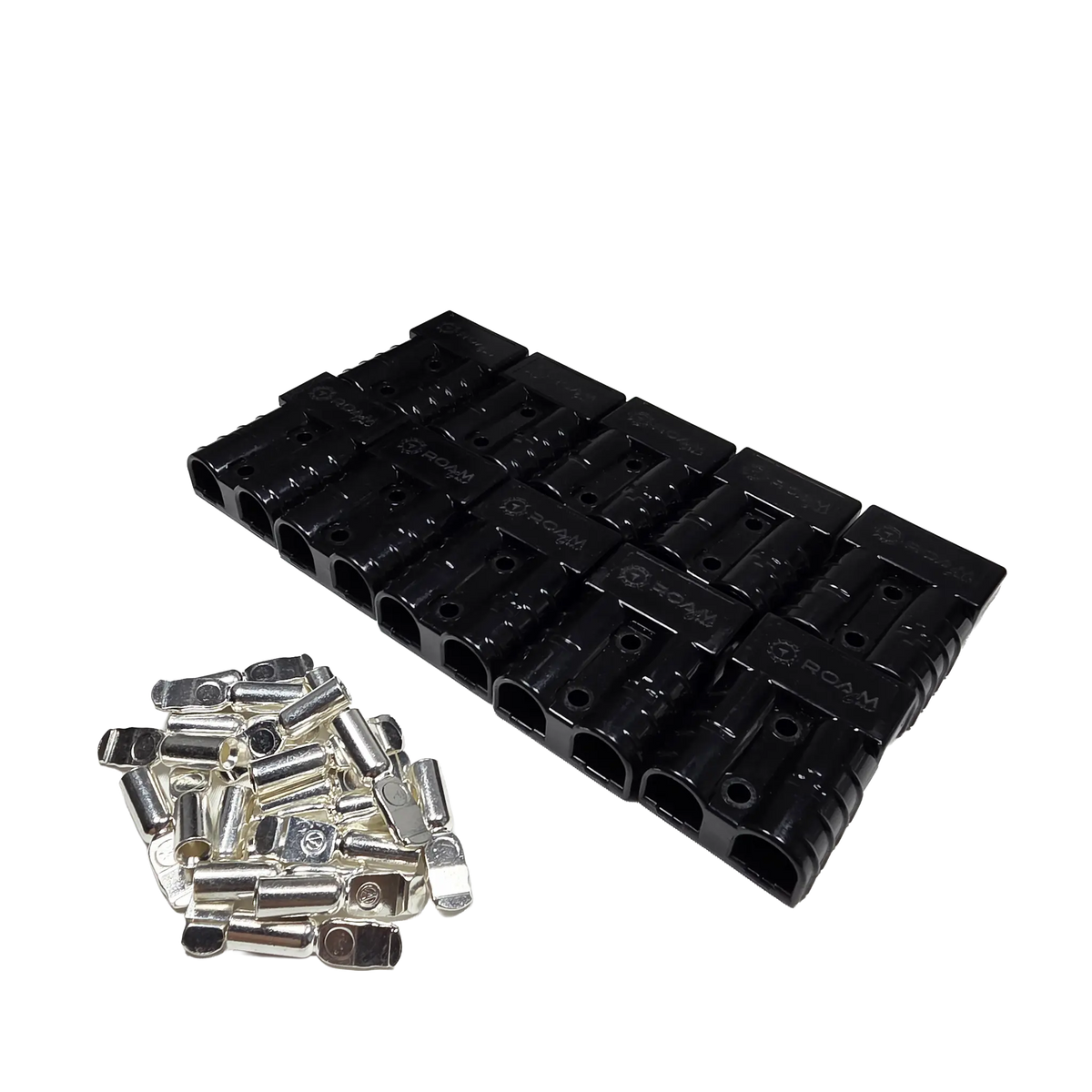 Roam Gear 10 pack of black 50A Anderson plugs viewed from the right with cable entry openings and loose contacts.