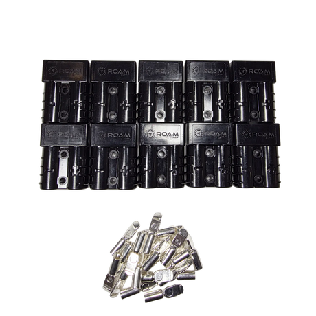 Roam Gear 10 pack of black 50A Anderson plugs viewed from above with loose contacts below the housings.