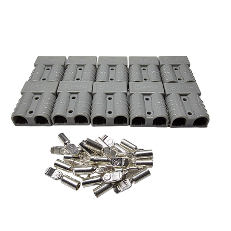 Roam Gear 10 pack of grey 50A Anderson plugs in two rows with loose contacts in front.