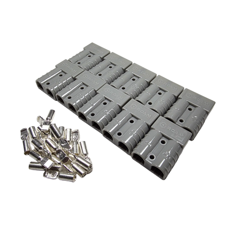 Roam Gear 10 pack of grey 50A Anderson plugs viewed from the right with cable entry openings and loose contacts.