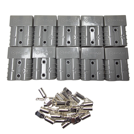 Roam Gear 10 pack of grey 50A Anderson plugs viewed from above with loose contacts below the housings.