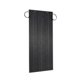 Roam Gear 100W 12V Black ETFE flexible solar panel angled front view with junction box and cables.