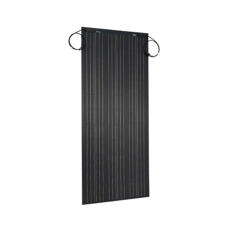 Roam Gear 100W 12V Black ETFE flexible solar panel angled front view with junction box and cables.