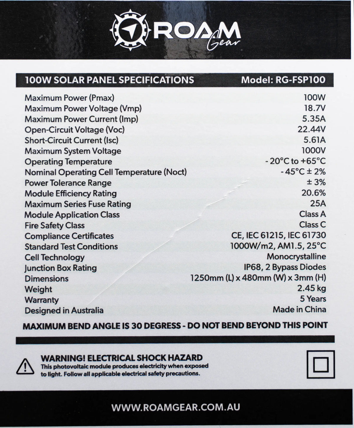 Roam Gear 100W flexible solar panel specification label with electrical ratings and dimensions.