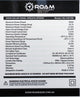 Roam Gear 100W flexible solar panel specification label with electrical ratings and dimensions.