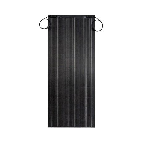 Roam Gear 100W 12V Black ETFE flexible solar panel straight front view with junction box and cables.