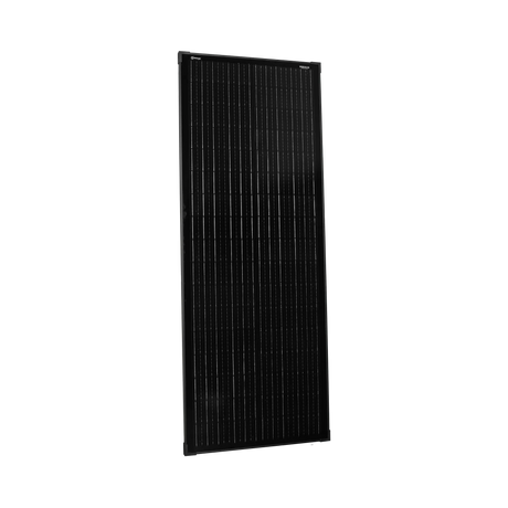 Roam Gear 100W slimline black glass solar panel angled front view.